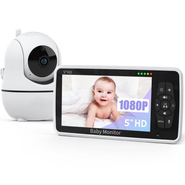 BEKOMIYA Video-Babyphone Babyphone mit Kamera, 355°/120° Babyphone, Überwachungskamera, 5 Zoll 1080P IPS-Display, Babyphone Kamera mit VOX/ECO-Modus, 2.4 GHz Gegensprechfunktion, Nachtsicht, Schlaflieder, Bis zu 300M,2-Wege-Audio, kein WiFi