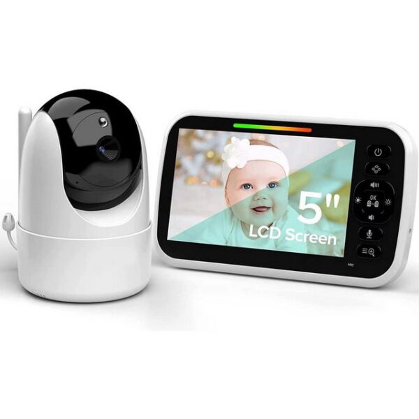 BEKOMIYA Video-Babyphone Babyphone mit Kamera, 355°/120° Babyphone, Überwachungskamera, 5 Zoll 480P IPS-Display, Babyphone Kamera mit VOX/ECO-Modus, 1-tlg., 2.4 GHz Gegensprechfunktion, Nachtsicht, Schlaflieder, Bis zu 300M,2-Wege-Audio, kein WiFi