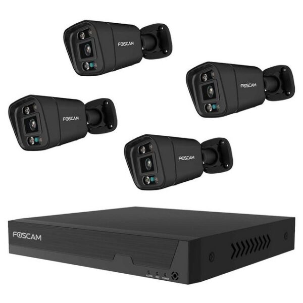 Foscam Überwachungskamera FN9108E-B4-2T 8-Kanal 3K 5 MP PoE Videoüberwachungsset mit 4x (5-tlg., 1x Foscam FN9108E NVR mit 2 TB HDD, 4x Foscam V5EP Überwachungskamera, Plug & Play, PoE (Power-over-Ethernet), Zwei-Wege-Audio und Alarmsirene)