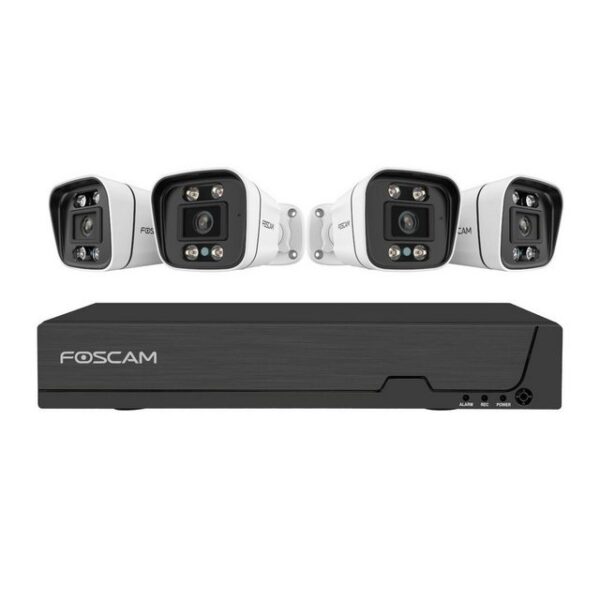 Foscam Überwachungskamera FN9108E-B4-2T 8-Kanal 3K 5 MP PoE Videoüberwachungsset mit 4x (5-tlg., 1x Foscam FN9108E NVR mit 2 TB HDD, 4x Foscam V5EP Überwachungskamera, Plug & Play, PoE (Power-over-Ethernet), Zwei-Wege-Audio und Alarmsirene)