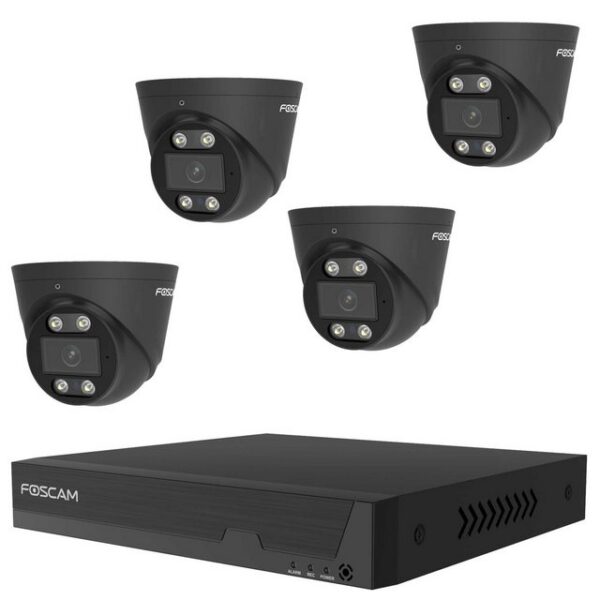 Foscam Überwachungskamera FN9108E-T4-2T 8-Kanal 3K 5 MP PoE Videoüberwachungsset mit 4x (5-tlg., 1x Foscam FN9108E NVR mit 2 TB HDD, 4x Foscam T5EP Überwachungskamera, Plug & Play, PoE (Power-over-Ethernet), Zwei-Wege-Audio und Alarmsirene)