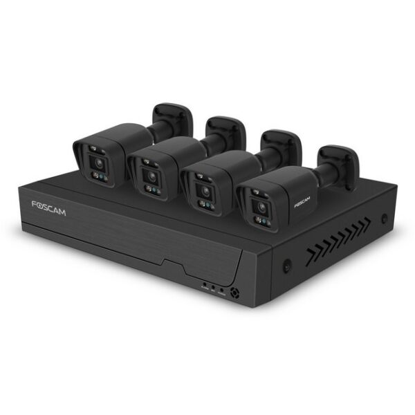 Foscam Überwachungskamera FNA108E-B4-2T 8-Kanal 4K 8 MP PoE Videoüberwachungsset mit 4x (5-tlg., 1x Foscam FNA108E NVR mit 2 TB HDD, 4x Foscam V8EP Überwachungskamera, Plug & Play, PoE (Power-over-Ethernet), Zwei-Wege-Audio und Alarmsirene)