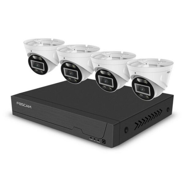 Foscam Überwachungskamera FNA108E-T4-2T 8-Kanal 4K 8 MP PoE Videoüberwachungsset mit 4x (5-tlg., 1x Foscam FNA108E NVR mit 2 TB HDD, 4x Foscam T8EP Überwachungskamera, Plug & Play, PoE (Power-over-Ethernet), Zwei-Wege-Audio und Alarmsirene)