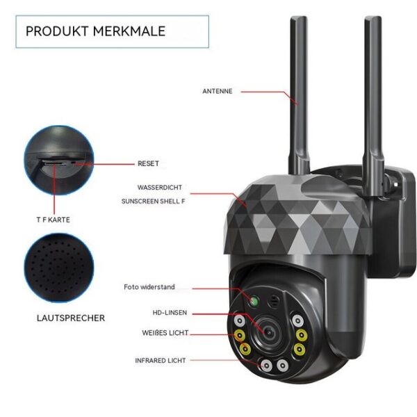 Hikity Überwachungskamera V380PRO WIFI-Kamera Outdoor Wireless LAN Outdoor-Überwachungskamera (IP66 Waterproof, 1080P)