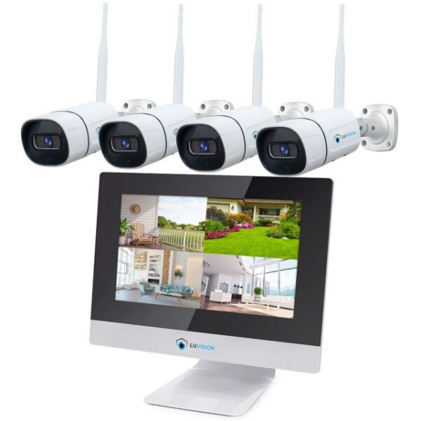 LUVISION Überwachungskamera LV-101+4 (Außen- und Innenbereich, 4-tlg., 10,1" Monitor NVR WLAN Funk Video Überwachungssystem 3MP 4 IP Kameras, PC Software & App, Cloud, Push Alarm, Nachtsicht, H.265 Komprimierung)