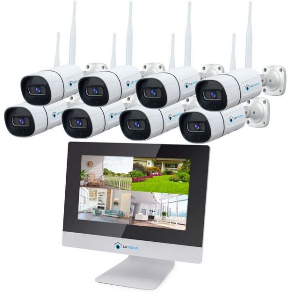 LUVISION Überwachungskamera LV-101+8 (Außen- und Innenbereich, 8-tlg., WLAN IP Überwachungssystem mit Monitor 3MP IP Kamera Set mit Mikrofon, PC Software & App, Cloud, Push Alarm, Nachtsicht, H.265 Komprimierung)