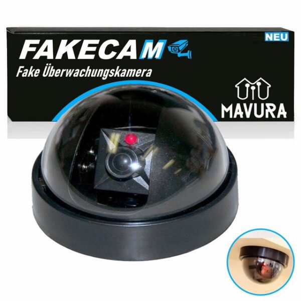 MAVURA Überwachungskamera Attrappe FAKECAM Dummy Kamera Attrappe Dome Überwachungskamera (Fake Dome 360° Camera mit Licht schwarz Innen & Außen)