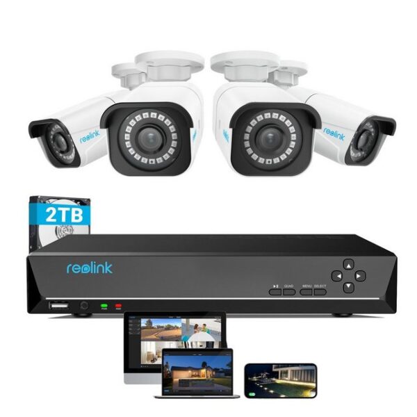 Reolink Überwachungskamera 8MP 4K PoE (Innenbereich, Außenbereich, 4X 8MP PoE IP Kamera und 2TB HDD 8CH NVR, 24/7 Videoüberwachung, IP66 Wetterschutz, Personener-Fahrzeugerkennung)