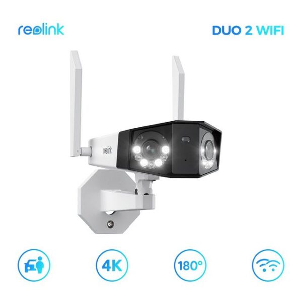 Reolink Überwachungskamera Duo 2 WiFi 8MP 2,4/5 GHz WLAN IP (Außen, Set, Dual-Lens, 180° Ultra-Weitwinkel, Person-/Fahrzeug-/Haustier-Erkennung, Farbnachtsicht, 2-Wege-Audio, IP66)