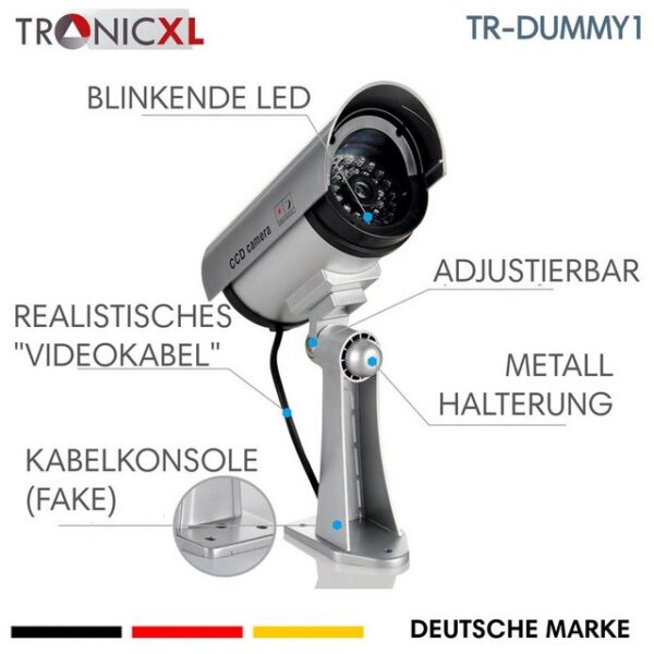 TronicXL Überwachungskamera Attrappe 4x Dummy Cam Kamera attrappe CCTV Außen Innen Outdoor Wand Fake silber (Innenbereich, Außenbereich, 4-tlg., Kameraaattrappe mit blinkender LED Außen)