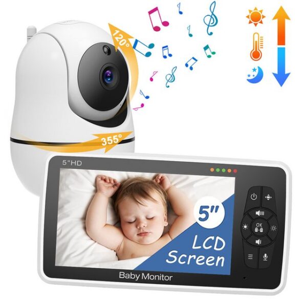 ZEUOPQ Babyphone Video-Babyphone Babyphone mit Kamera Überwachungskamera 5-Zoll-Display, mit Zwei-Wege-Gegensprechanlage, Temperaturüberwachung, Infrarot-Nachtsichtfunktion bis zu 5 Metern usw., eingebaute Musik mit etwa 3 Minuten Akkorden, Geeignet für Familien mit älteren Menschen, Kindern und Haustieren