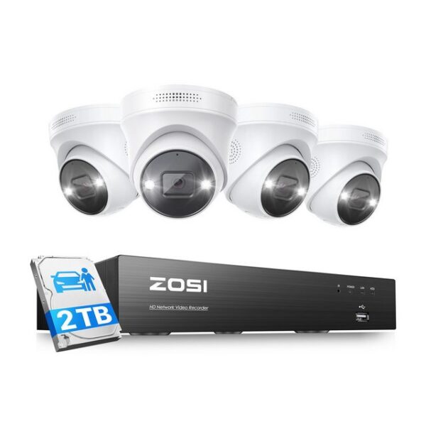 ZOSI Überwachungskamera 4K, 4x 8MP PoE IP (Innenbereich, Außenbereich, 4-tlg., mit Zwei-Wege-Audio & Personenerkennung, 2TB HDD NVR, Modell C225)