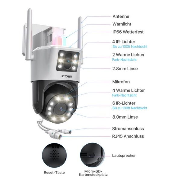 ZOSI Überwachungskamera C298 4MP, Unterstützt ZOSI Smart( Android/IOS) (Innenbereich, Außenbereich, Set, 1-tlg., Innovative Personenverfolgung, Dual-Objektiv, Dual-Ansicht)