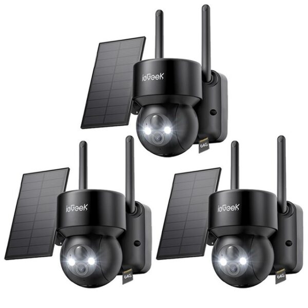 ieGeek Überwachungskamera 3 Stück Überwachungskamera Aussen Solar 2K WLAN Kamera mit 64G Karte (Aussen, Außenbereich, außen, 355°/120° Pan Tilt Kabellos WLAN Kamera Outdoor PTZ 2K Farb-Nachtsicht, 1-tlg., Humanoiderkennung/PIR-Erkennung,2-Wege-Audio,mit Alexa, 4dBi Dual-WiFi-Antennen,Mit der Familie teilen,4 x Ditigal Zoom)