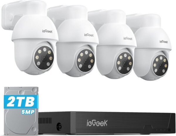 ieGeek Überwachungskamera 5MP 2TB Überwachungskamera Aussen Set, PTZ poe Kamera Outdoor (Aussen, Außenbereich, Innenbereich, WiFi Kameras mit Farbe Nachtsicht, 2-Wege Audio, 24/7 Aufnahme, 1-tlg., Erkennung von Personen/Autos/Tieren/Paketen,Automatischer Verfolgung, 2TB HDD NVR(Maximal 10 TB)