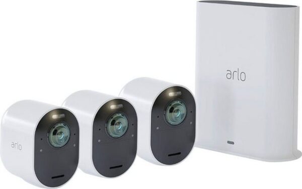 ARLO Überwachungskamera Ultra 2 Spotlight Kabelloses 4K-UHD-Überwachungssystem mit 3 Kamera (Außenbereich, 3-tlg)