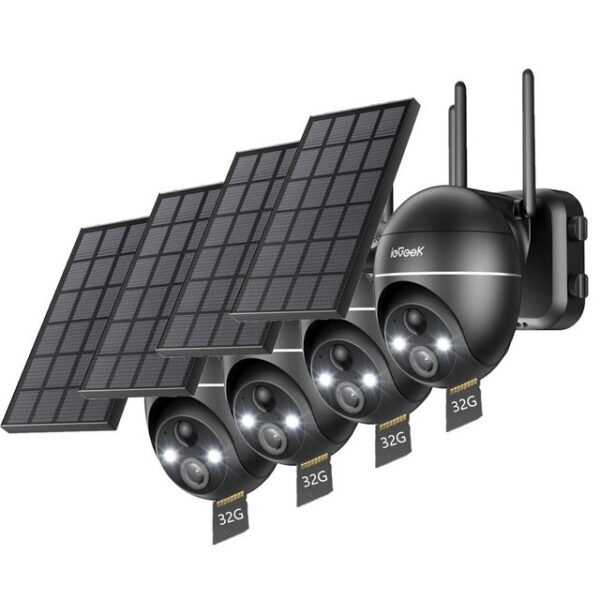 ieGeek Überwachungskamera 5MP überwachungskamera aussen 360° WLAN Überwachungskamera+32G Karte (Aussen, Außenbereich, außen, kabellos solarpanel 360 grad PTZ PIR bewegungsmelder 30M farbnachtsicht, Zwei-Wege-Audio, 2.4GHZ WiFi, 4DBi WLAN-Antenne,Alexa Kamera, IOS Store/Google Play Unterstützen)